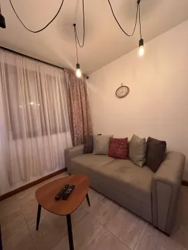 Small living room with a sofa, coffee table, and window with curtains. - image 5