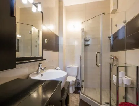 Kupatilo opremljeno umivaonikom, WC šoljom i tuš kabinom sa staklenim paravanom. - image 22