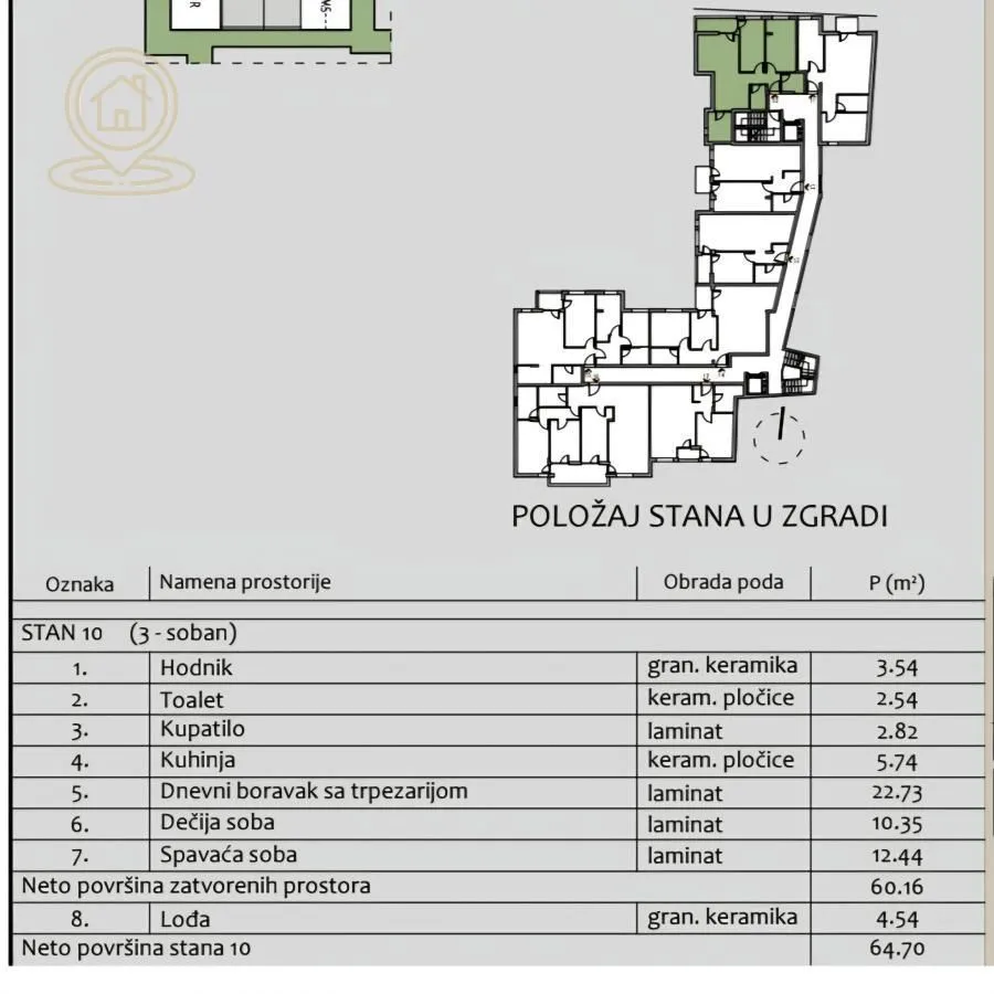 Osnova stana sa tabelom površina prostorija.