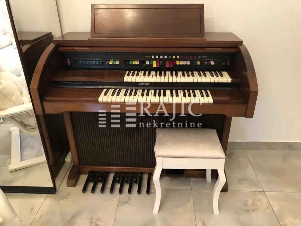 Wooden organ with a bench in the interior.