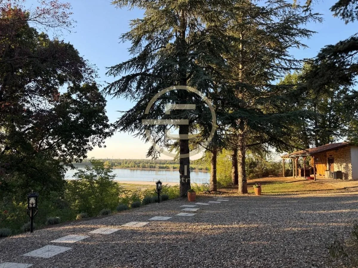 Dvorište imanja sa pogledom na reku i drvećem.