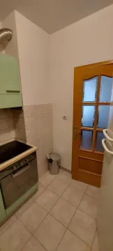 Mala funkcionalna kuhinja sa zelenim elementima i drvenim vratima. - image 5