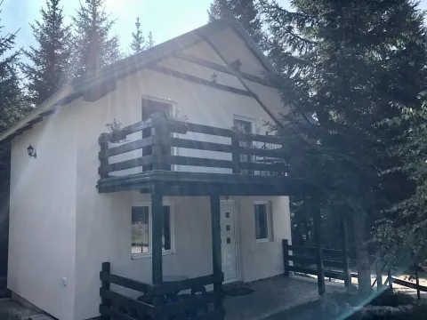 Dvospratna planinska kuća sa balkonom okružena drvećem. - image 2