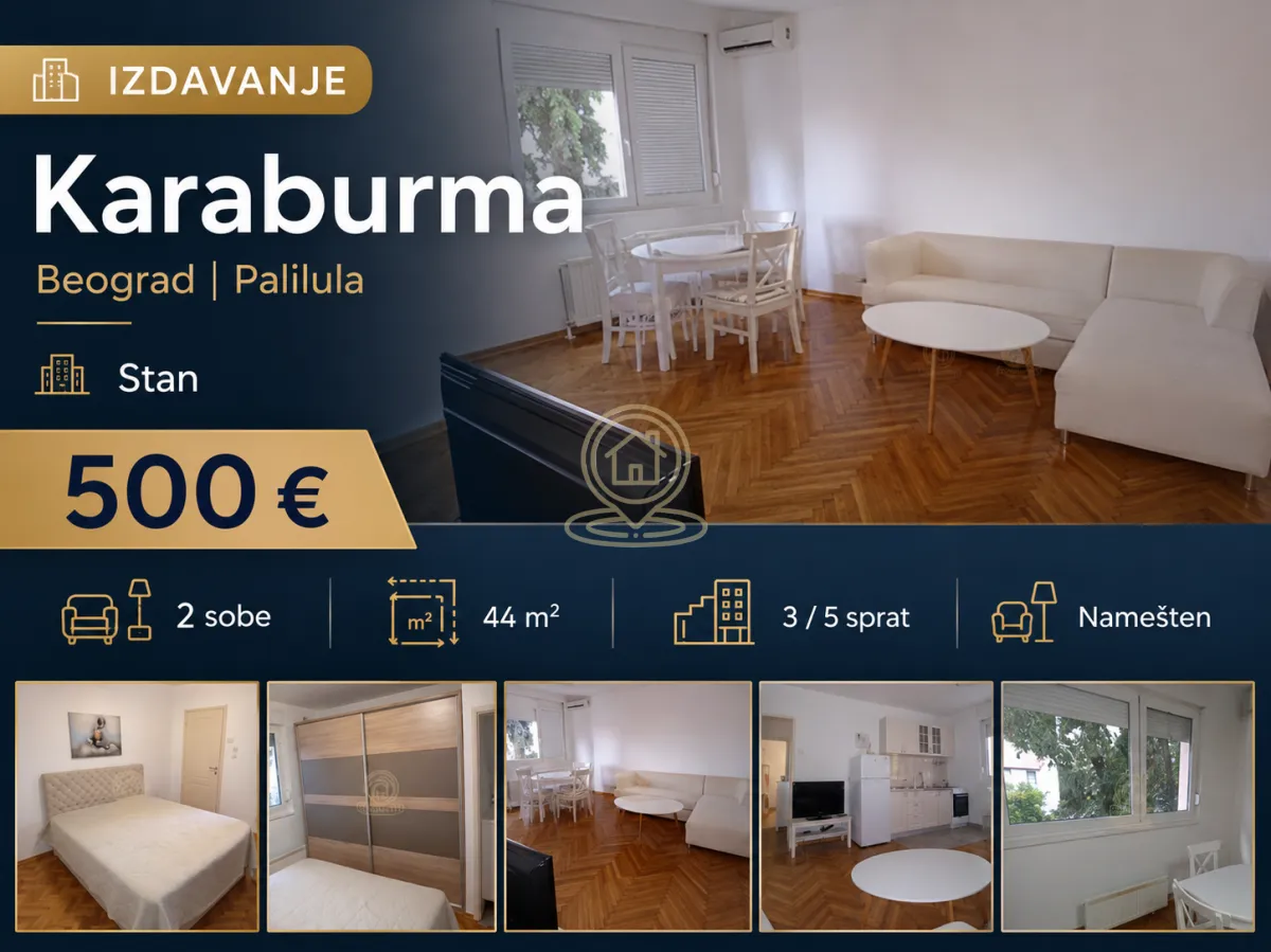 Rent, two bedroom apartment, 44m², Karaburma, Palilula Sve Podlokacije