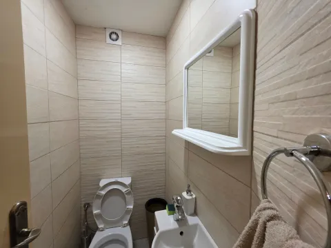 Small bathroom with a toilet, sink, and mirror. - image 11