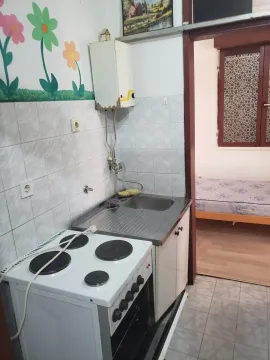 A small kitchen with a stove and sink, looking into an adjacent room. - image 4
