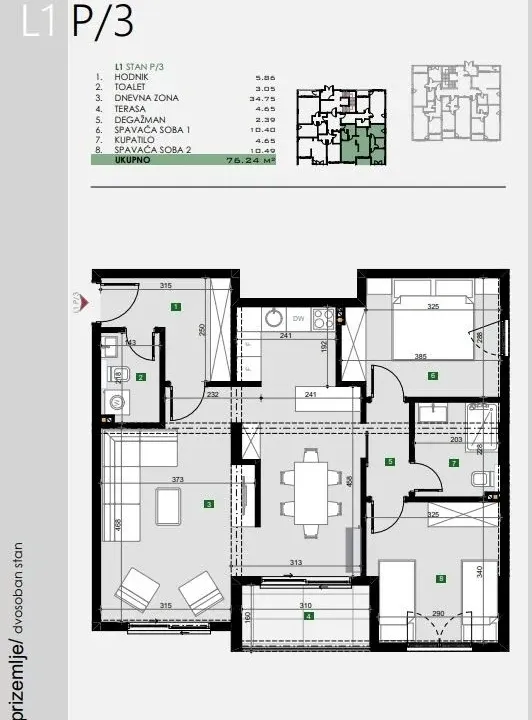 Prodaja, dvosoban stan, 76m², Čeluga, Bar