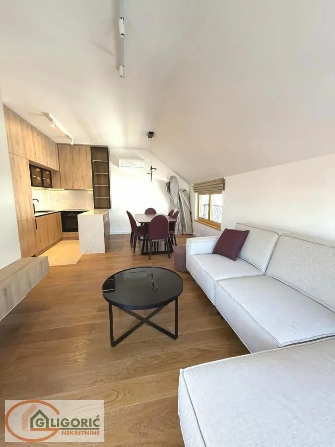 Living room with kitchen and dining area in the attic.