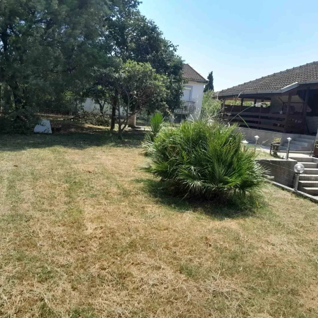 Prostrano dvorište sa travnjakom i drvećem pored kuće.