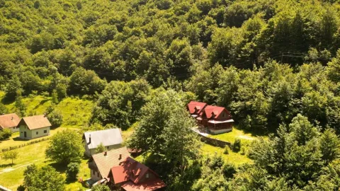 Pogled iz vazduha na kuće okružene šumom i zelenilom. - image 6