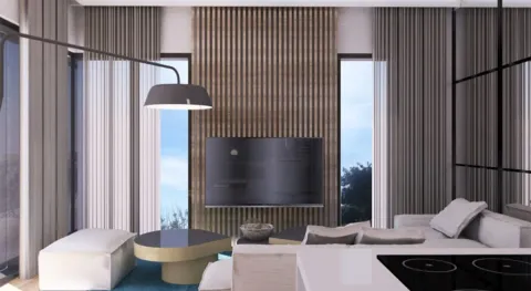 Modern living room featuring a wall-mounted TV on a wooden slatted accent wall. - image 10