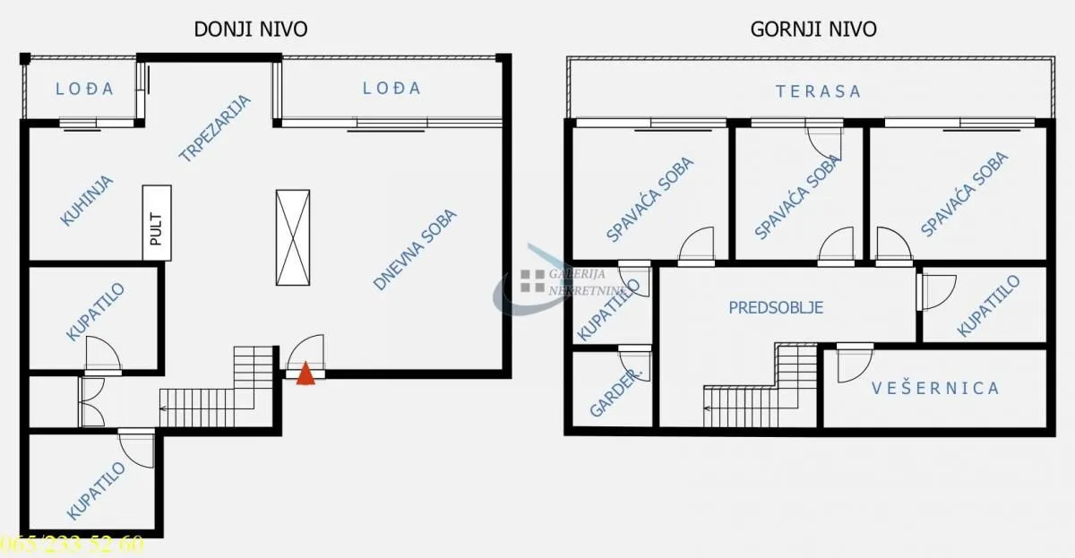 Osnova dvoetažnog stana sa rasporedom prostorija na donjem i gornjem nivou.