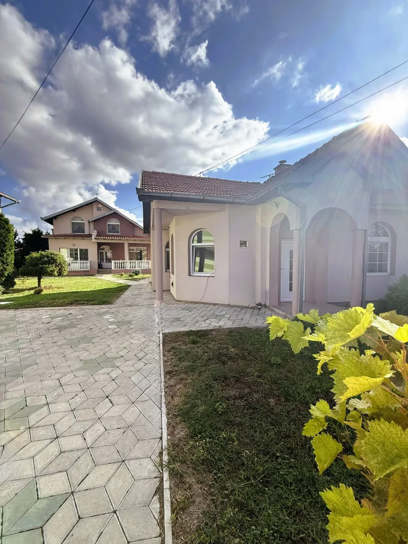 Dvorište sa popločanom stazom i kućama u pozadini.