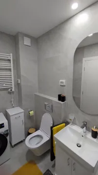 Modern bathroom with sanitary ware, washbasin, mirror, and washing machine. - image 9
