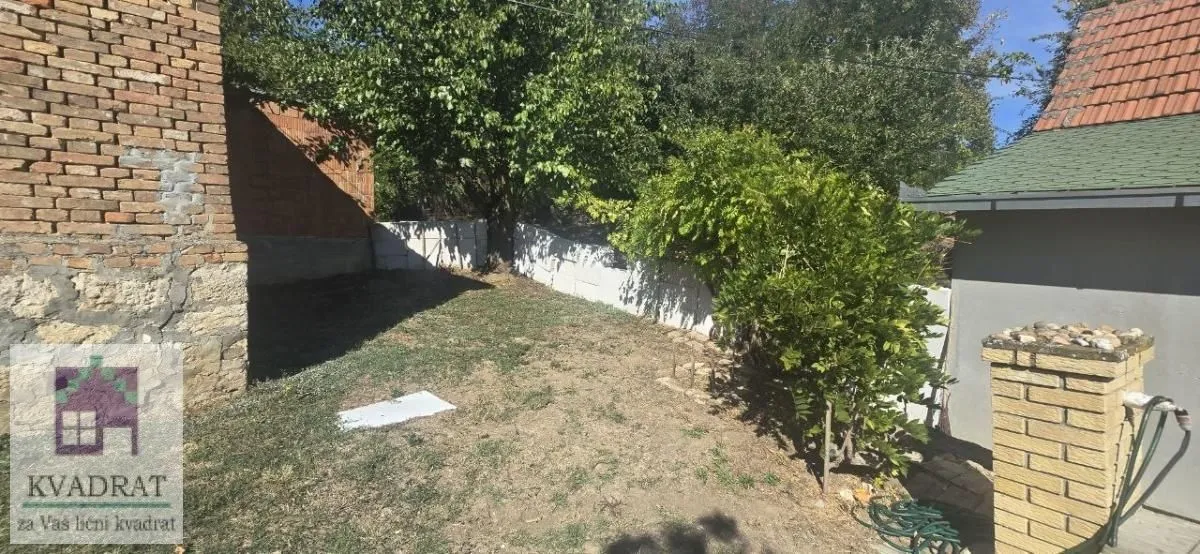 Dvorište kuće sa travnjakom i zelenilom.