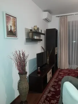 Living room featuring a TV stand, air conditioning, and a red patterned rug. - image 6
