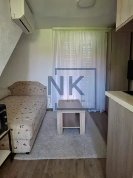 Small living room with a bed, coffee table, and kitchen area. - image 3