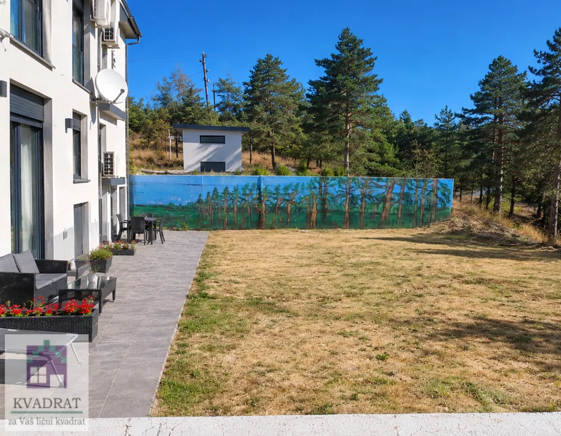 Pogled na uređeno dvorište i popločanu terasu pored kuće sa pogledom na šumu.