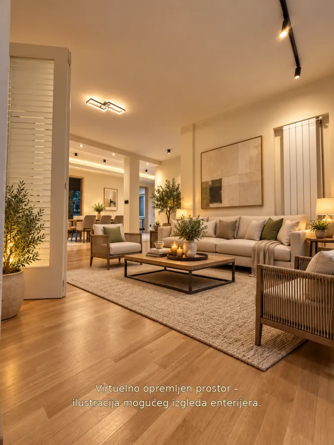 Spacious living room with seating set and wooden flooring.