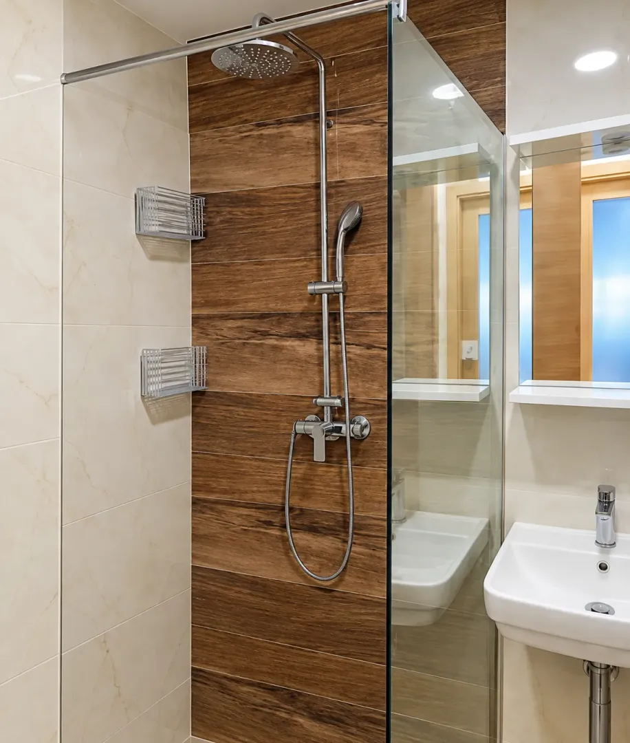 Modern bathroom with a shower cabin and a washbasin.
