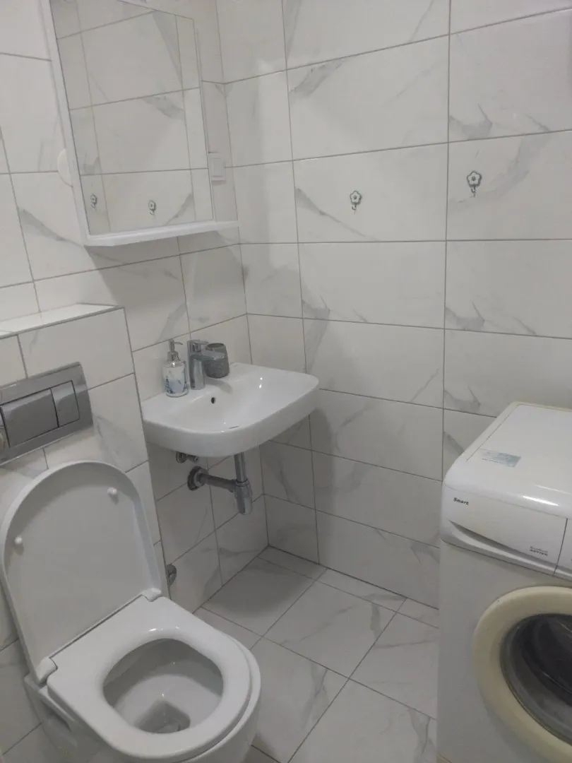 Manje kupatilo sa bijelim keramičkim pločicama, umivaonikom, WC šoljom i veš mašinom.