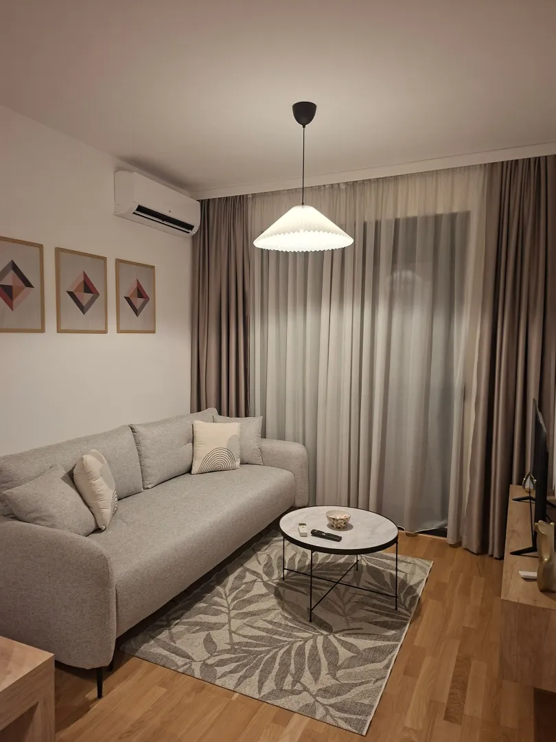Modern living room with a grey sofa, coffee table, and air conditioning unit.