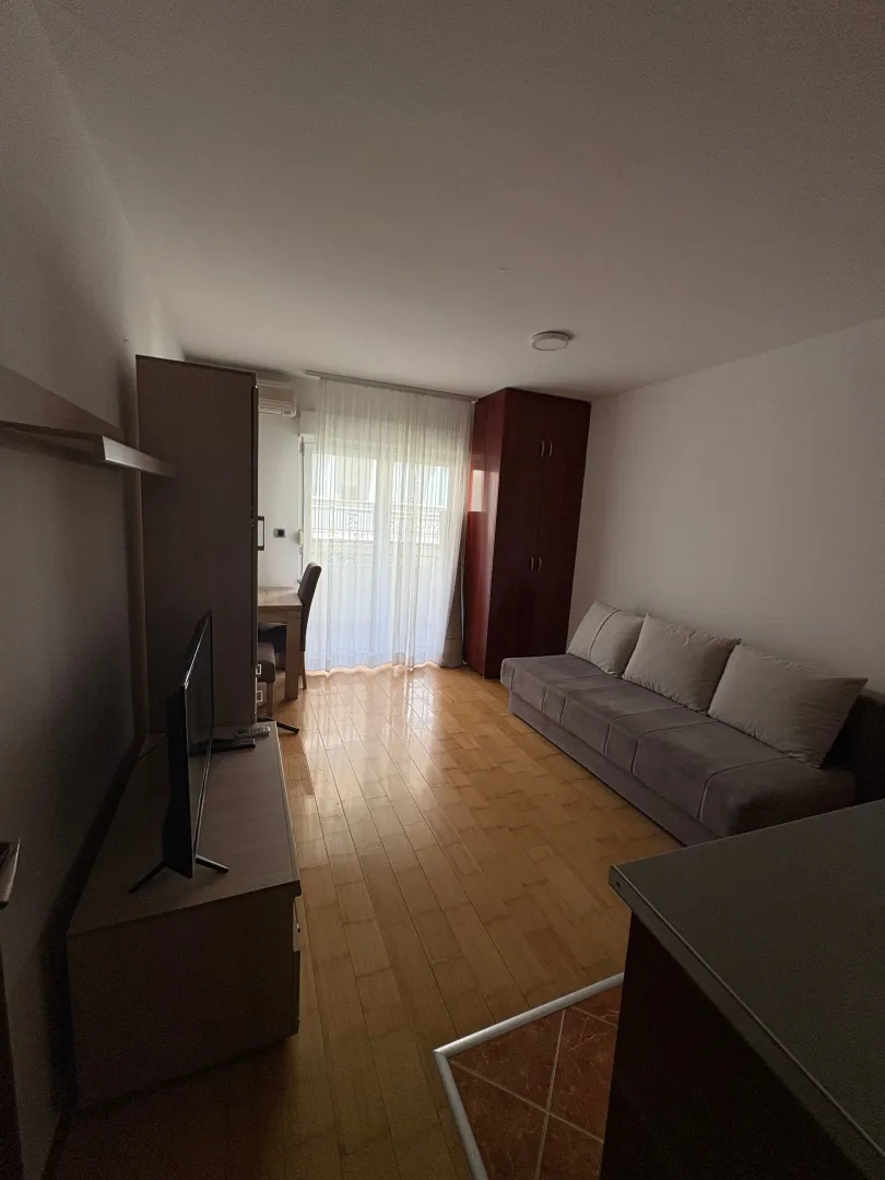 Living room with sofa, television, and access to the terrace.