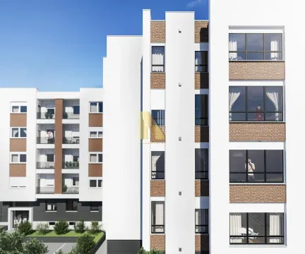 Pogled na spoljašnjost moderne stambene zgrade sa balkonima i uređenim dvorištem. - image 10