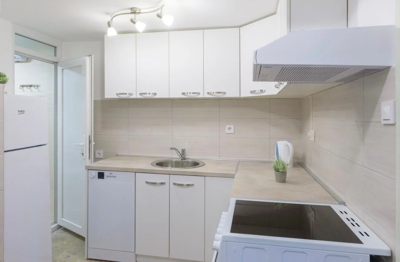 Small white kitchen with cabinetry and built-in appliances.