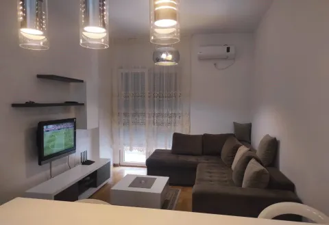 Living room with a sectional sofa, TV, and modern lighting. - image 15