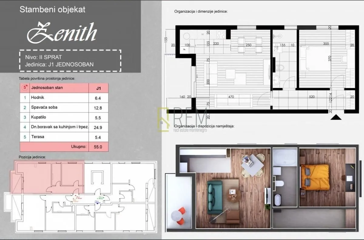 Prodaja, jednosoban stan, 55m², Momišići, Podgorica