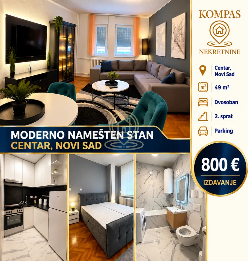 Pregledni kolaž fotografija moderno nameštenog stana u centru.