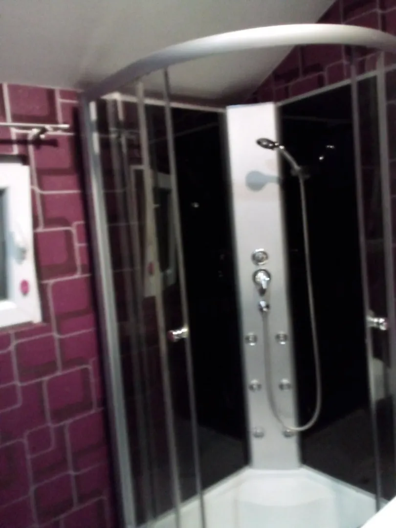 A shower cabin with glass doors in a bathroom with purple tiles.