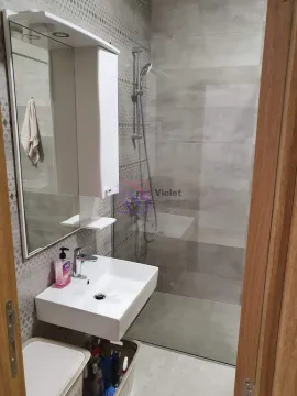 Modernly equipped bathroom with a washbasin, mirror, and walk-in shower. - image 9