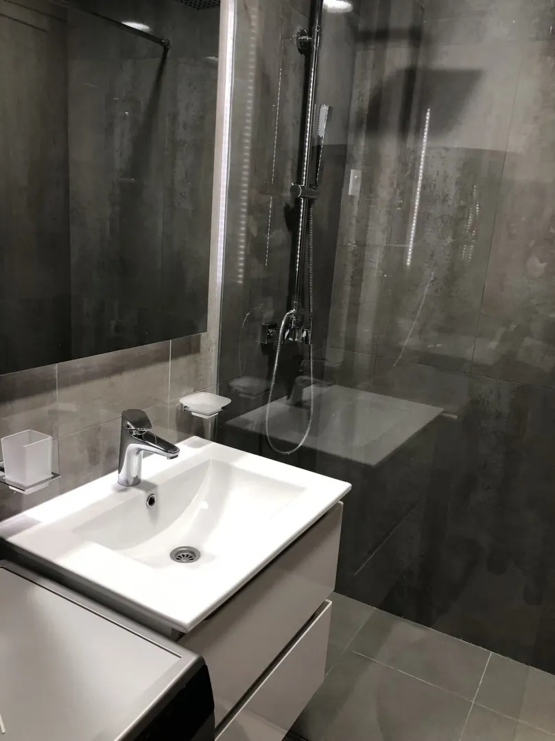 Modern bathroom with a sink and shower.