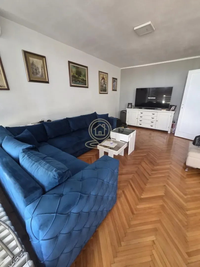 Living room with a large blue sectional sofa and a TV.