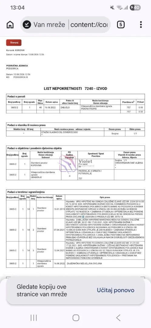 View of the real estate certificate with plot and owner data.
