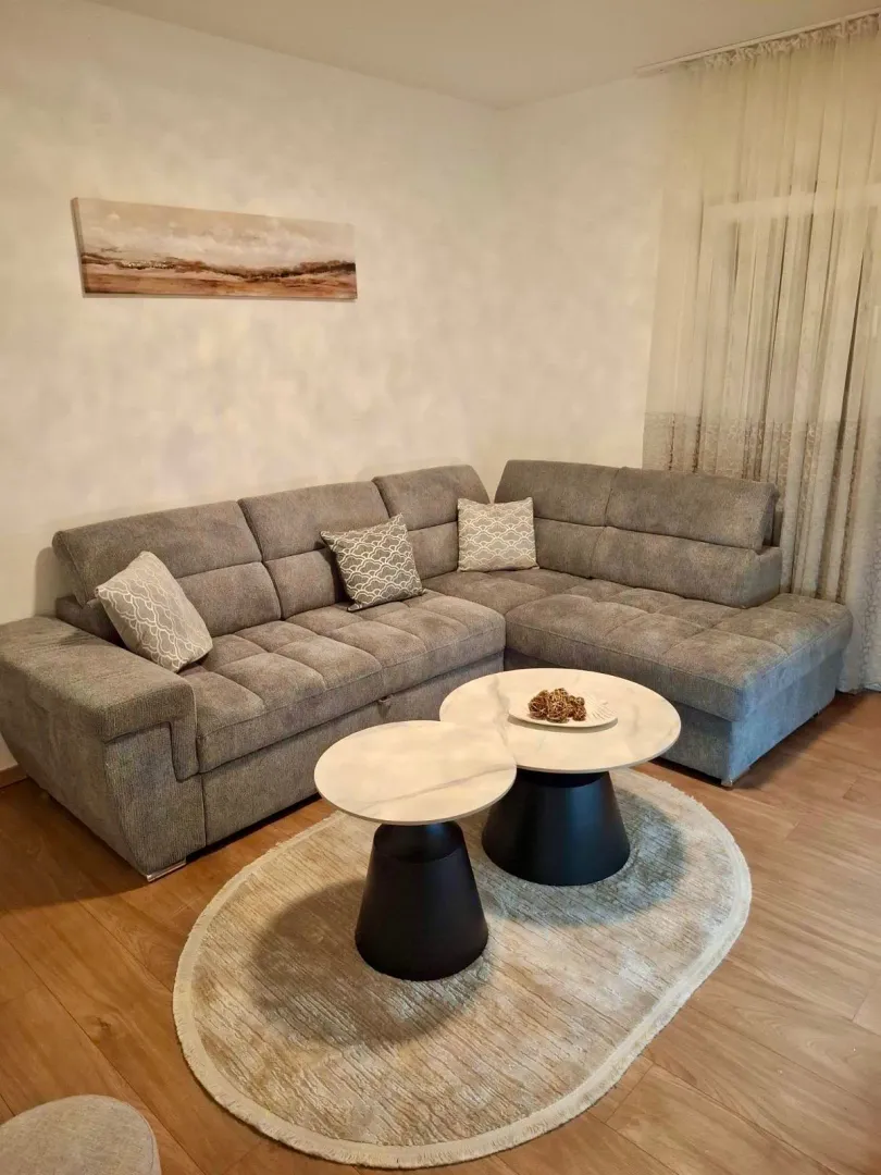 Living room with a sectional sofa, coffee tables, and a rug.