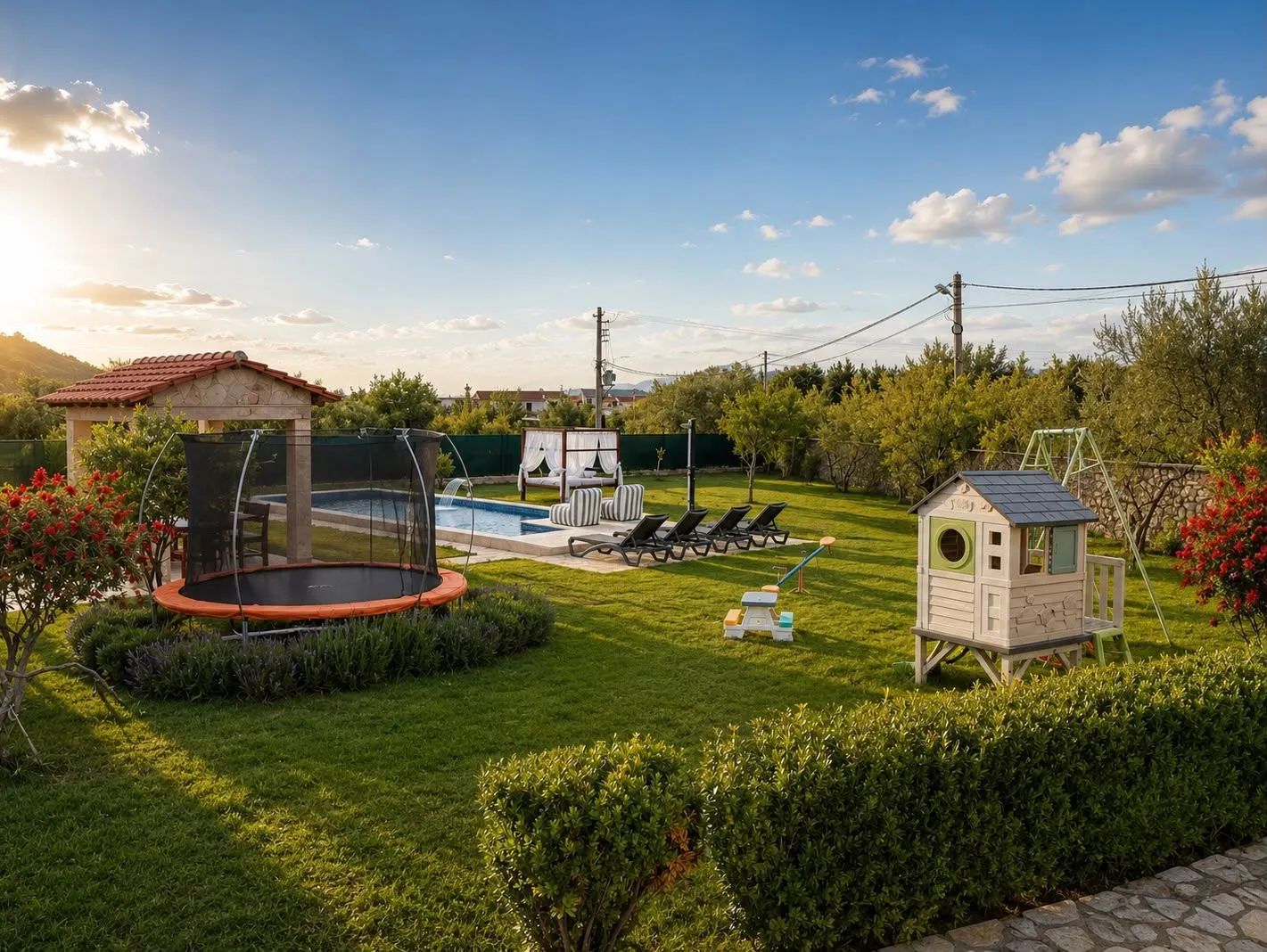 Spacious yard with a swimming pool, children's playground, and gazebo.