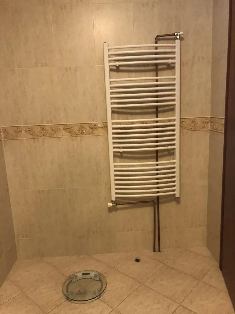 Part of a bathroom with a towel radiator and ceramic tiles.