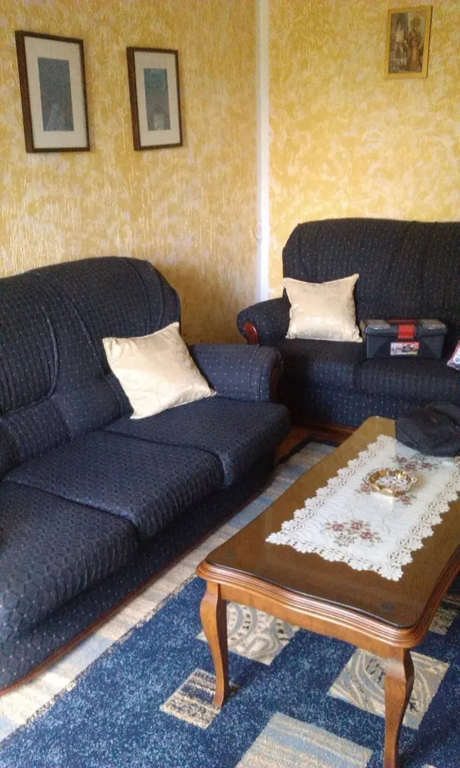 A living room with dark sofas and a wooden coffee table.