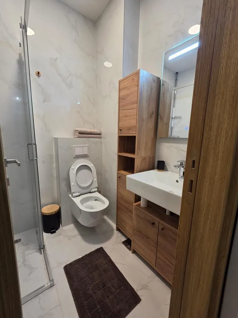 Modernly equipped bathroom with a shower cabin, washbasin, and toilet.