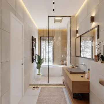 Moderne kupatilo sa kadom, drvenim umivaonikom i tuš kabinom. - image 12