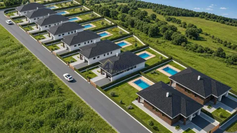 Vazdušni pogled na moderno naselje sa porodičnim kućama i bazenima. - image 10