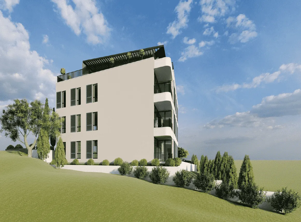 Spoljašnji izgled moderne stambene zgrade sa terasama i zelenom površinom.