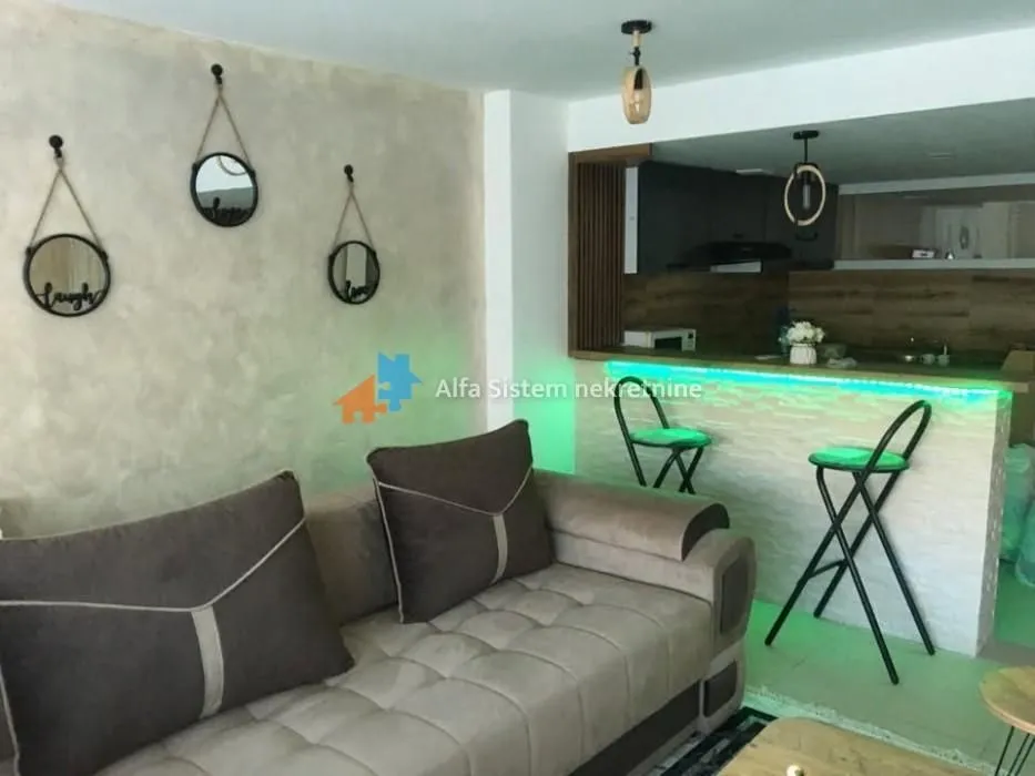 Living room with a sofa and a view of the kitchen bar.