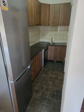 Manja kuhinja sa drvenim elementima i sivim frižiderom. - image 7