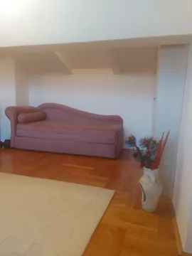 Svijetla prostorija sa roze ležajem, parketom i ukrasnom vazom pored zida. - image 4