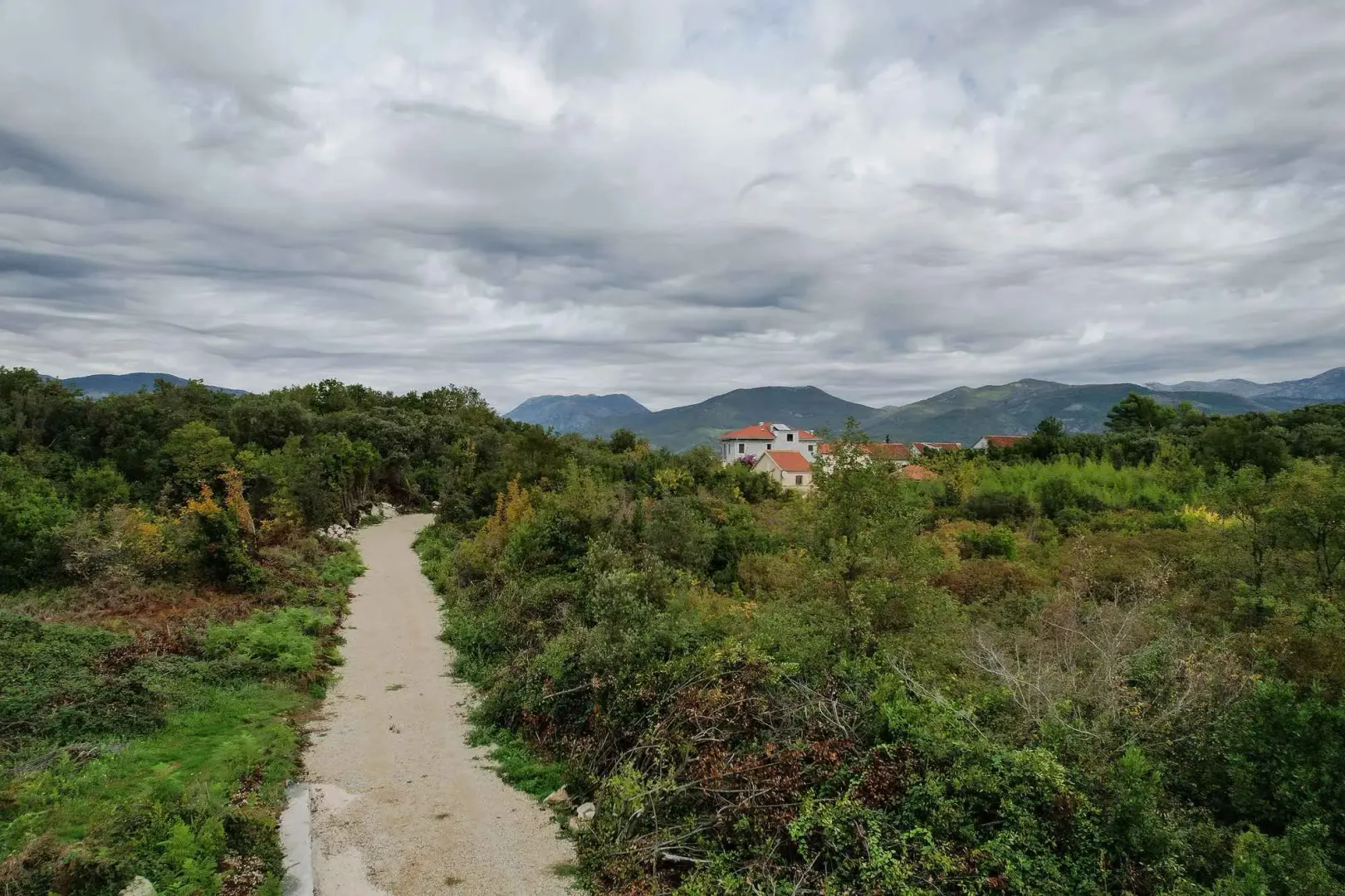 Pogled na zemljište okruženo zelenilom sa kućama u daljini pod oblačnim nebom.