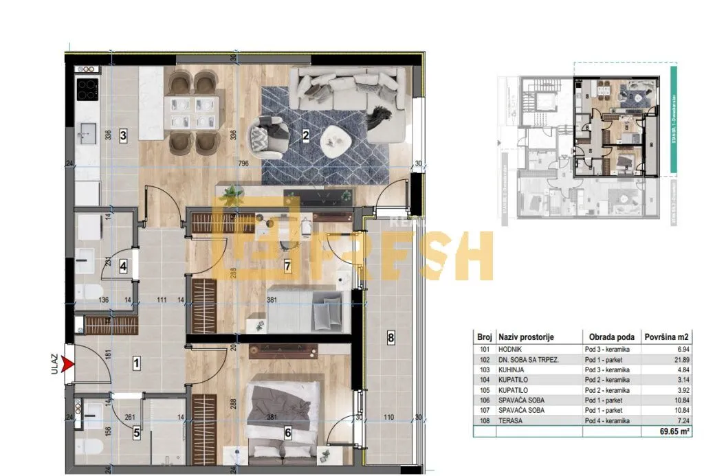 Prodaja, dvosoban stan, 69m², Zabjelo, Podgorica